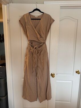 Aritzia Neutral Tan Wrap Jumpsuit with Tie Waist